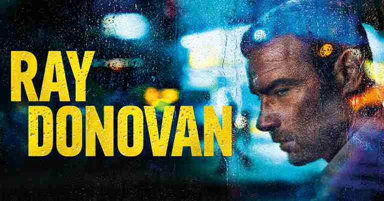 Dark series poster for Ray Donovan featuring a serious Liev Schreiber in profile behind a rain-soaked glass pane; harsh lights are reflected in it.